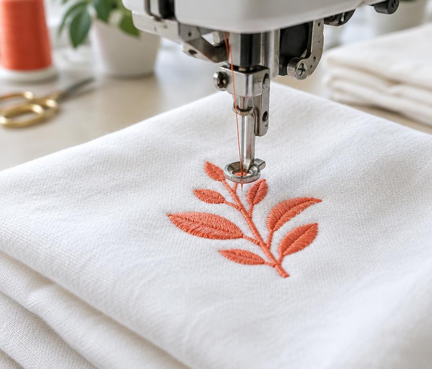Embroidery machine stitching a coral leaf motif onto white cotton