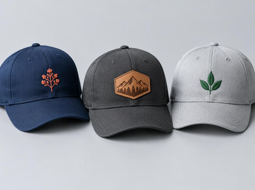 Navy embroidered cap, charcoal leather-patch cap, and gray embroidered cap
