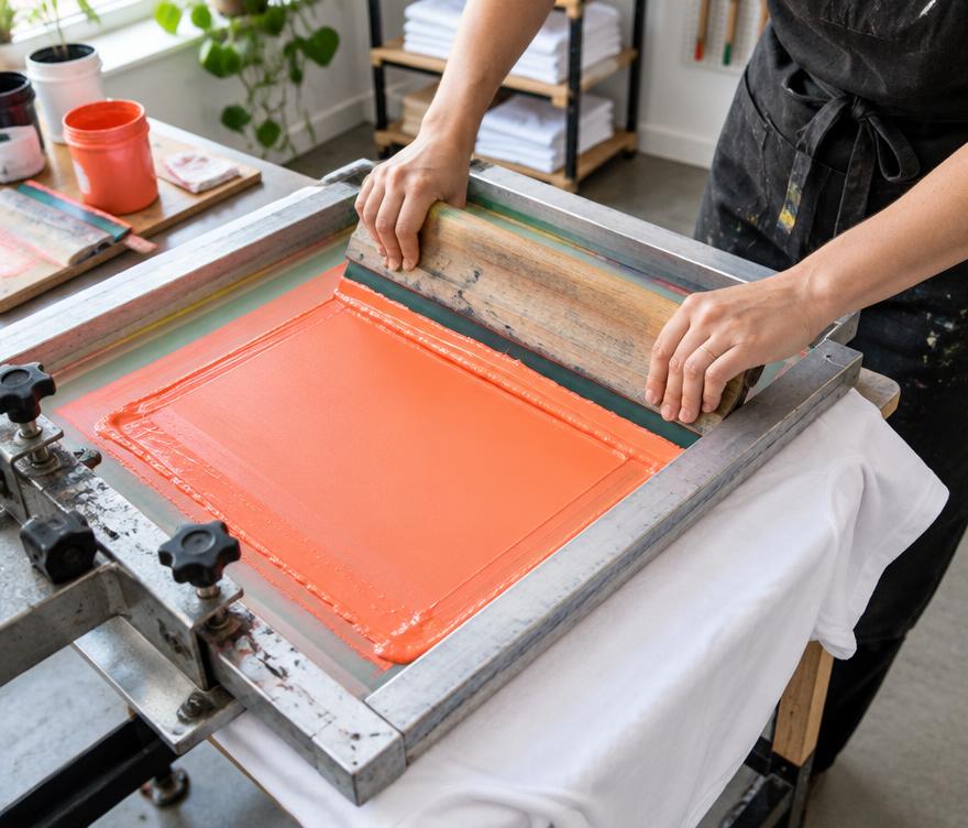 Screen printing a cotton tee with coral ink in a textile workshop